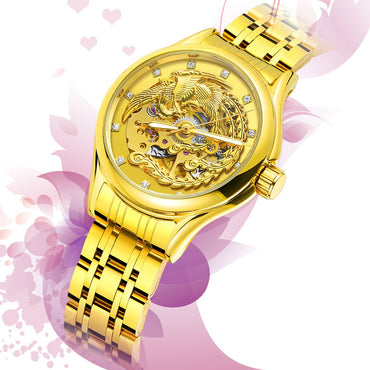 2024 Diamond Steel Skeleton Dial Golden Phoenix Women Fashion Automatic Watch Luxury Waterproof Mechanical Girl Wrist Lady Clock