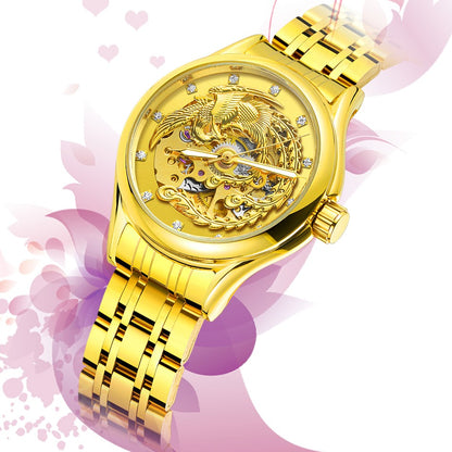 2024 Diamond Steel Skeleton Dial Golden Phoenix Women Fashion Automatic Watch Luxury Waterproof Mechanical Girl Wrist Lady Clock