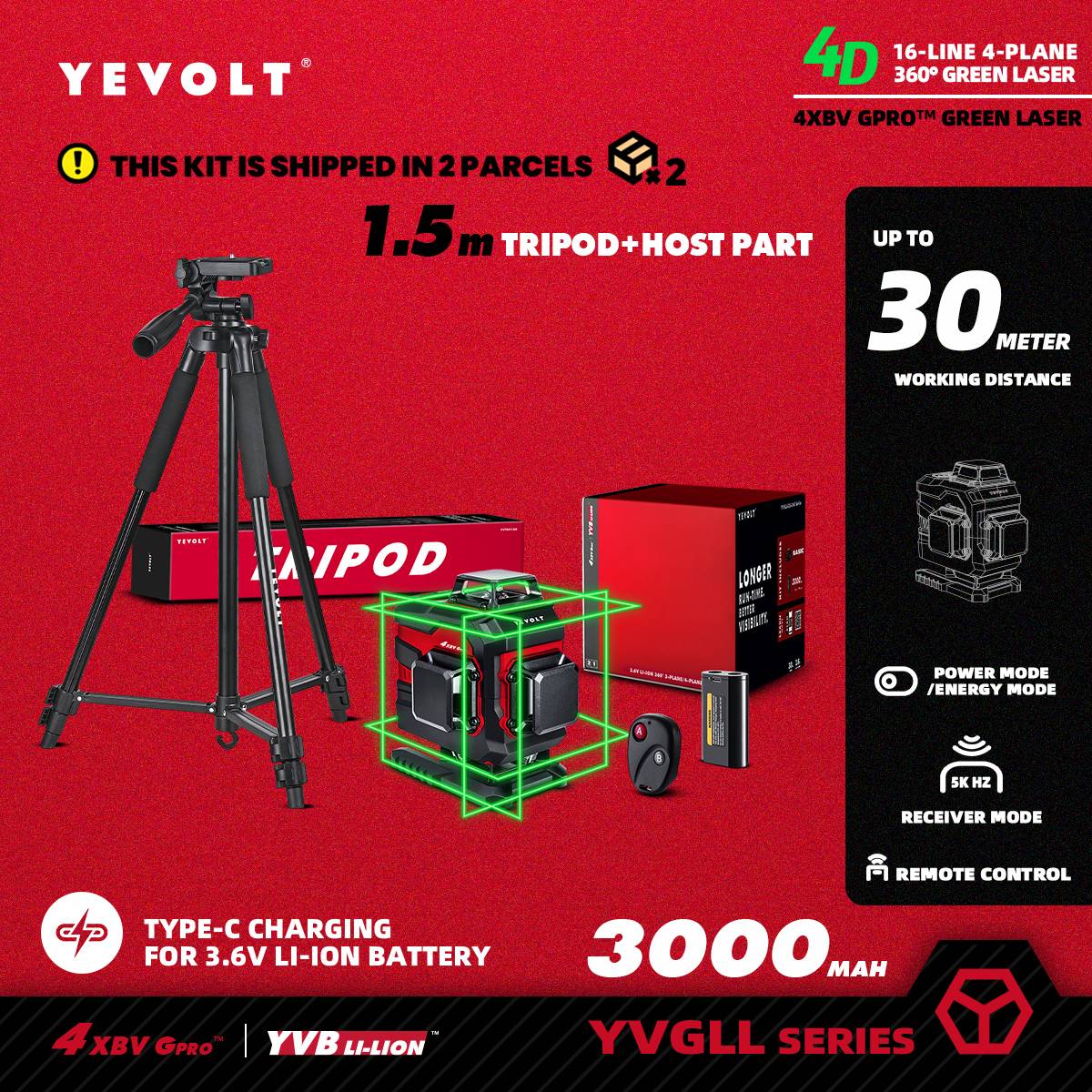Nível a Laser Verde YEVOLT YVGLL4XS16 Series 4 Planos 16 Linhas Autonivelante 360 3D Ferramentas de Medição de Potência Horizontal e Vertical