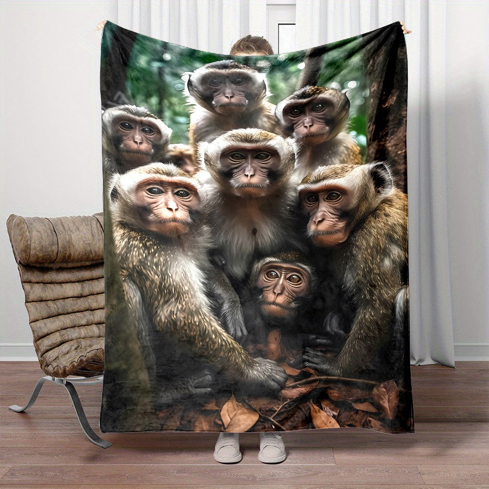 Monkey Jungle Portrait Throw Blanket Cozy Fleece Sherpa Throw for Couch Decor Christmas Gift Animal Art Wildlife Ape Print Comfy