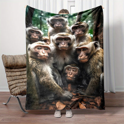 Monkey Jungle Portrait Throw Blanket Cozy Fleece Sherpa Throw for Couch Decor Christmas Gift Animal Art Wildlife Ape Print Comfy