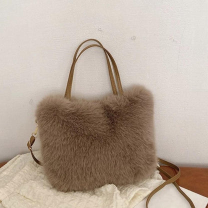 Faux Fur Tote Bag Women's Bucket Plush Light Luxury Ladies Handbags Soft Winter Crossbody Shoulder Bags
