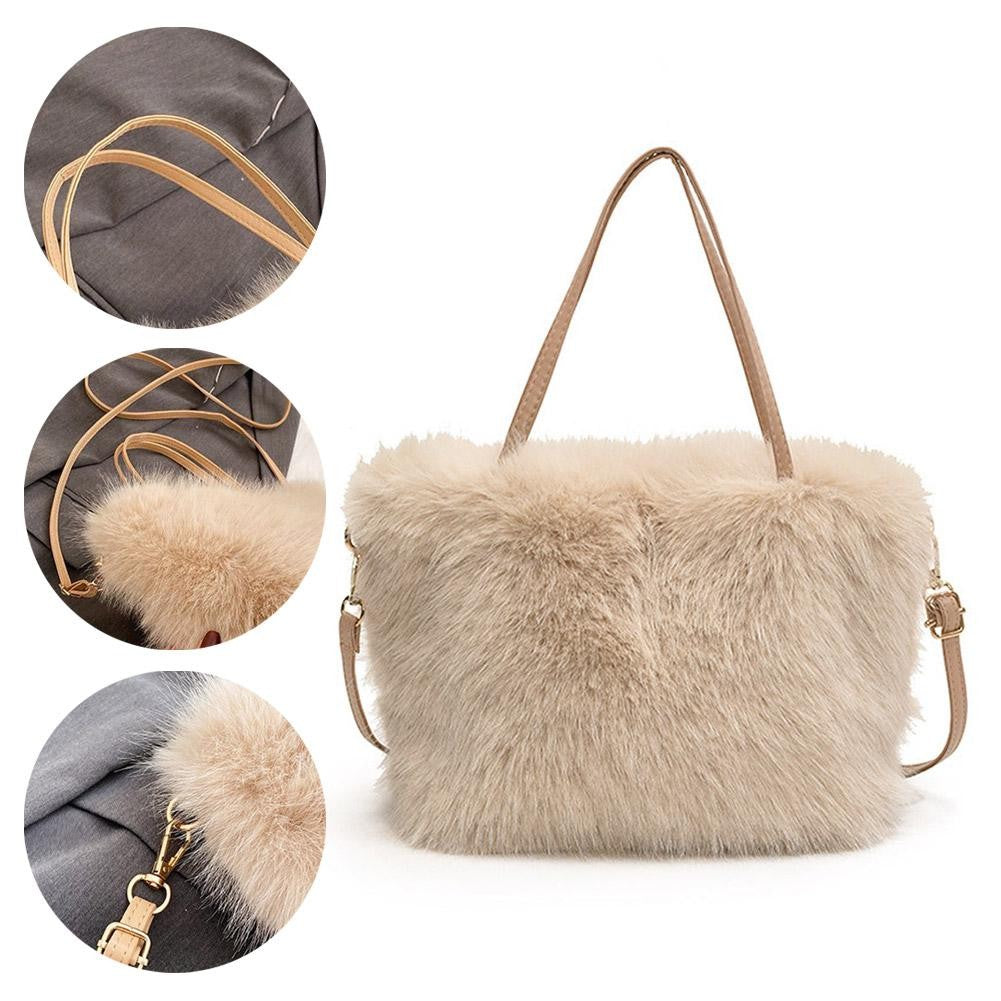 Faux Fur Tote Bag Women's Bucket Plush Light Luxury Ladies Handbags Soft Winter Crossbody Shoulder Bags