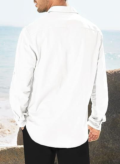 Business Men's Single-breasted Shirt Double Pocket Cotton Linen Long-sleeved Shirt Casual Vacation Shirt