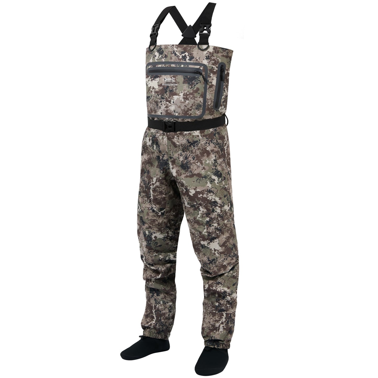 BASSDASH Stockingfoot Masculina Leve e Respirável, Macacão de Peito com Meias, Camuflado Preto para Pesca com Mosca e Caça FW11