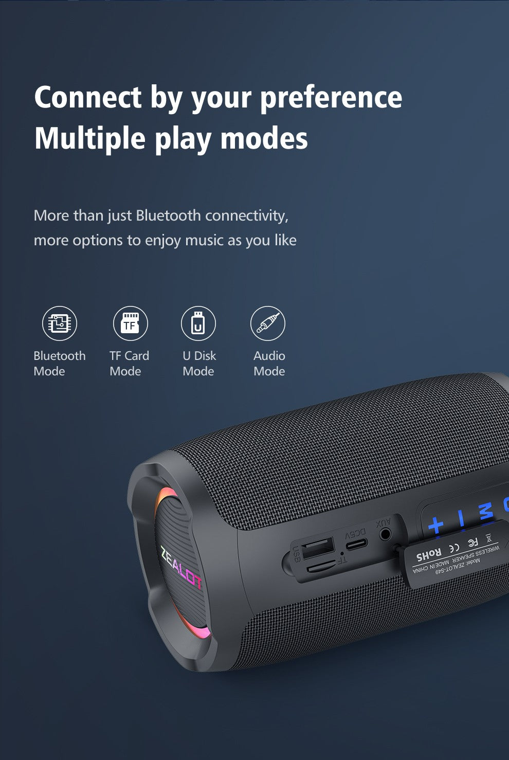 Caixa de som Bluetooth portátil Zealot_S49 com som estéreo 360, 20W, IPX6 à prova d'água, Bluetooth 5.2, True Wireless Stereo