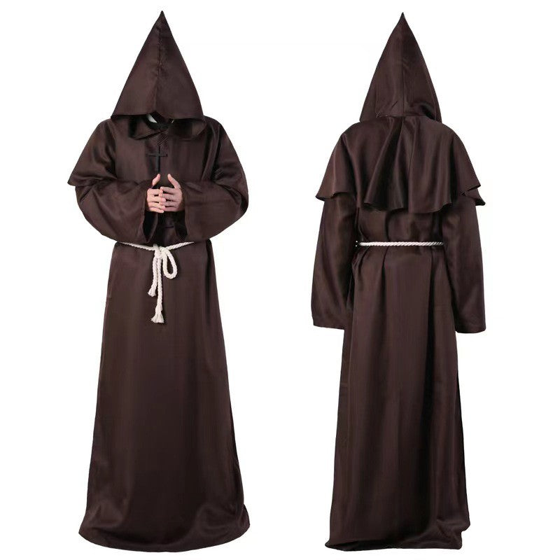 Medieval Monk Cosplay Wizard Hooded Robe Steampunk Priest Horror Cloak For Men Unisex Mask Hat Costume Halloween Masquerade Cape