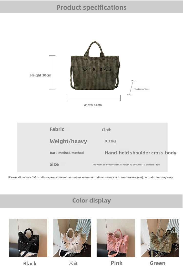 Large Capacity Striped Velvet Handbag Shoulder Bag for Woman Handbags Crossbody Bags, Versatile Letter Corduroy Women's Tote Bag