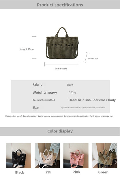 Large Capacity Striped Velvet Handbag Shoulder Bag for Woman Handbags Crossbody Bags, Versatile Letter Corduroy Women's Tote Bag