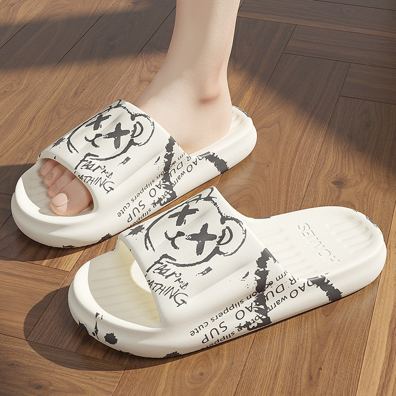 Summer Plus Size 48-49 Graffiti Bear Print Men Slippers Home Flip Flops Thick Couple Women Beach Shoes Sandals