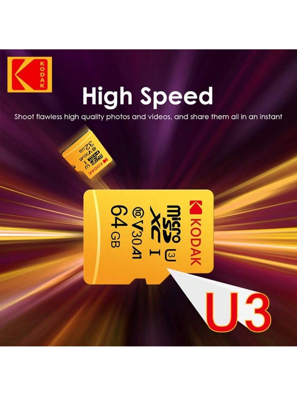 Cartão de Memória Micro SD Kodak 32GB-256GB - Alta Velocidade Classe 10 U3 UHS-I para Smartphones, Câmeras Digitais, Tablets e Drones