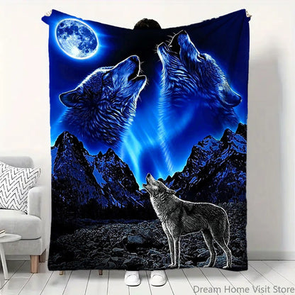Howling Wolf Print Flannel Plush Throw Blanket – Super Soft, Cozy Throw with Majestic Wolf & Mountain Design for Bedroom or Sofa
