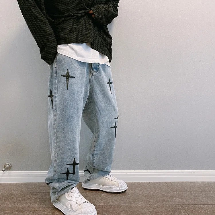 Nova Calça Jeans Masculina Larga Bordada Moda Solta Calça Jeans Streetwear Hip Hop Reta Perna Larga Calça Casual Roupa Masculina