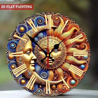 Sun & Moon Wall Clock. Roman numerals, vintage silent design for living room or bedroom.