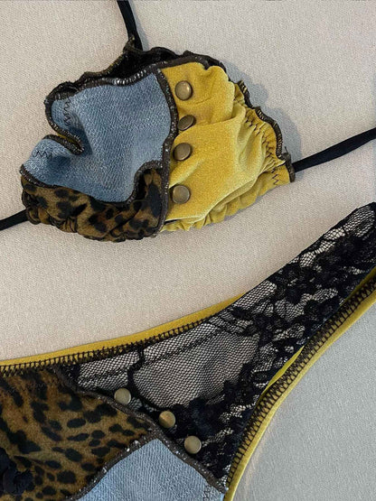 2025 Women Swimsuit Bold Leopard Print and Yellow Patchwork Bikini Set  Perfect for Beach Wear and Pool Parties Summer Getaways