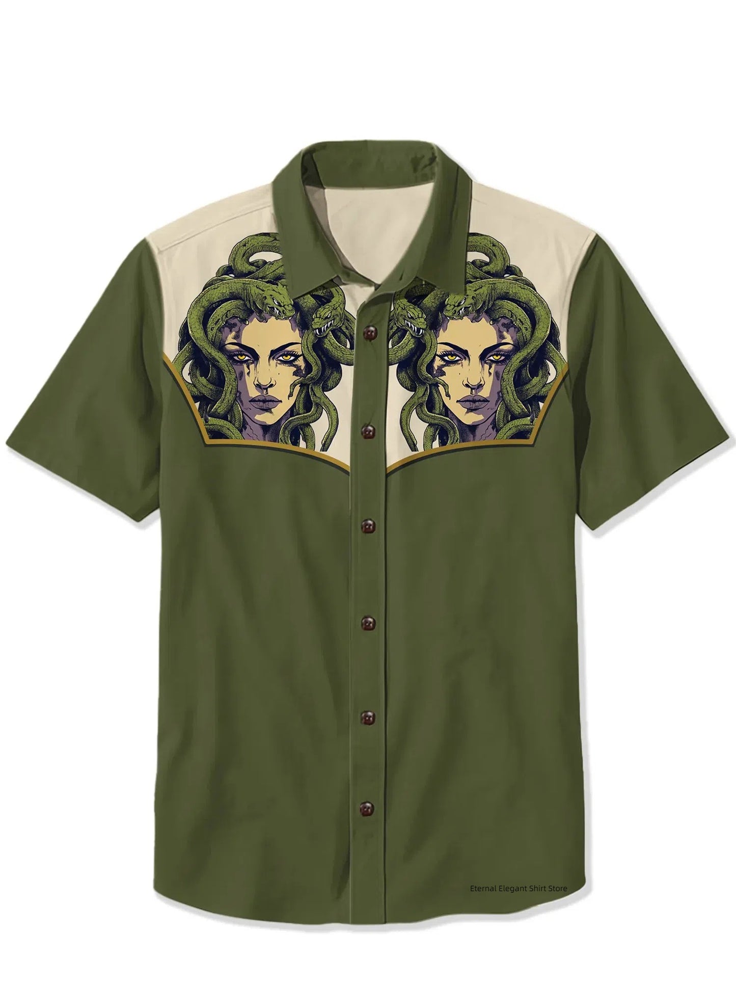 2025 Men's Casual Button Short Sleeve Shirt Mythical Medusa Snake Demon Pattern Comfortable And Breathable Summer Fashion Top