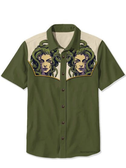 2025 Men's Casual Button Short Sleeve Shirt Mythical Medusa Snake Demon Pattern Comfortable And Breathable Summer Fashion Top