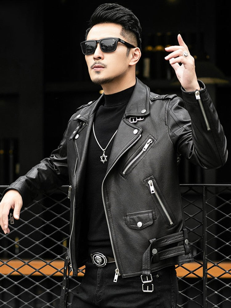 Spring Autumn Short Cool Black Leather Biker Jacket Men Zipper Long Sleeve Belt Plus Size European Fashion brand leather jackets