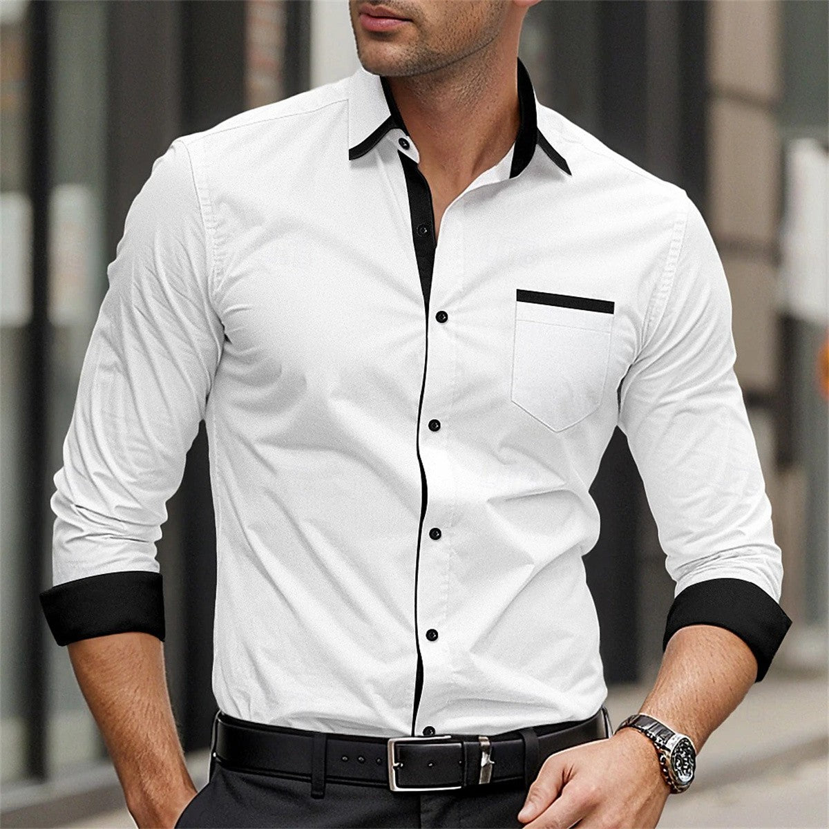 New men's formal button up shirt long sleeved solid color lapel for spring and autumn weddings, daily pocket patchwork clothing