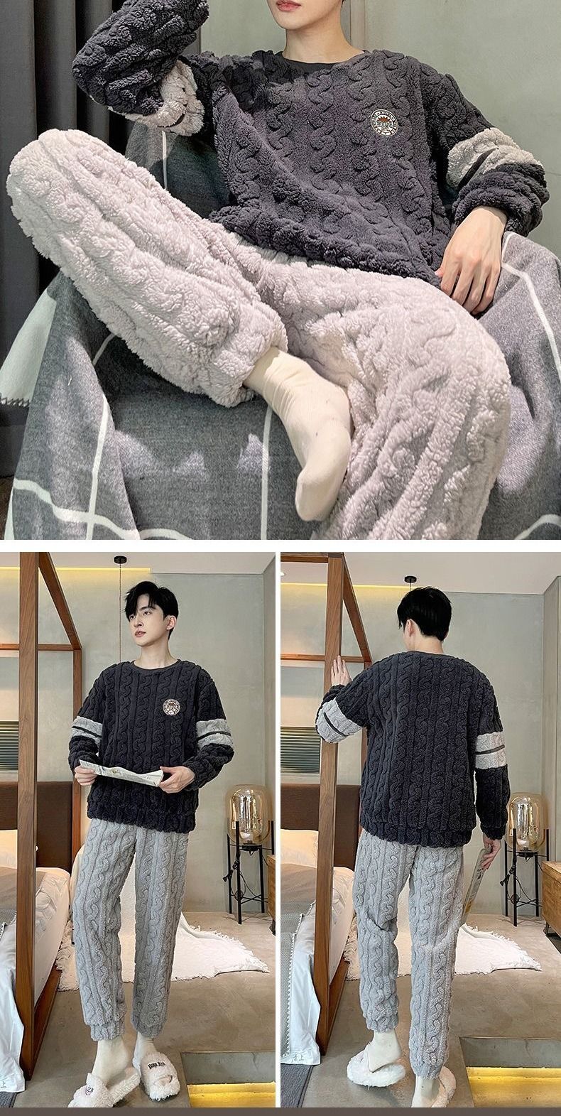 Thickened Warm Sleepwear for Winter Coral Velvet Autumn and Winter Men Flannel Loungewear Large Size 2 Piece Set Homewear