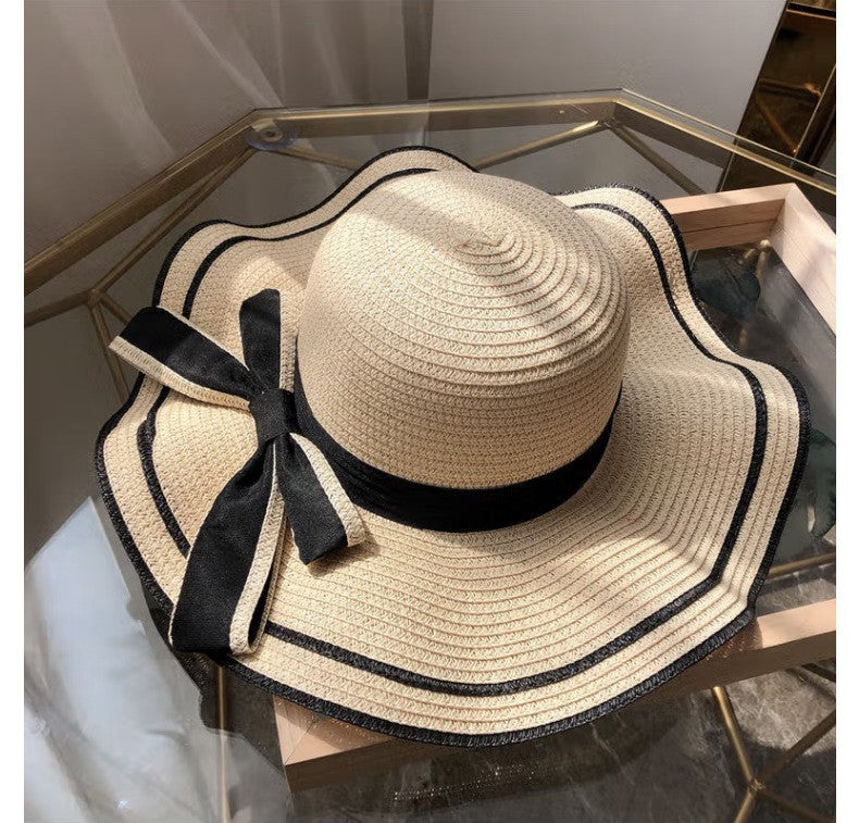 Beach HatJapanese Everything Hairy Edge Straw Hat Female Summer dome  Top Outing Sun Hat Small Fresh Bow Sun Shade Beach Hat