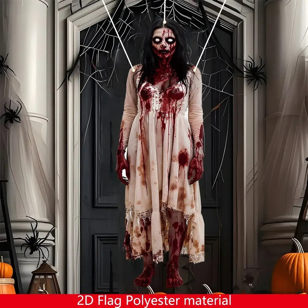 Large Halloween zombie woman Bloody Door banner - Horror party decoration, durable polyester fabric, haunted house, porch, home