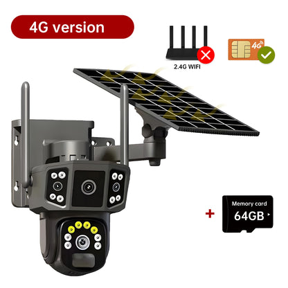Câmera de segurança externa sem fio WIFI solar V380 Pro 10X 4K de lente dupla, CFTV solar, câmeras solares 4G sim