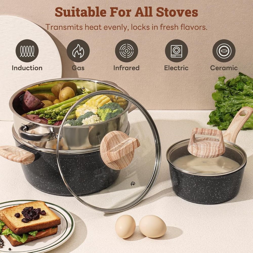 Conjunto de 17 Panelas Antiaderentes para Cozinha, Conjunto de Utensílios de Cozinha Antiaderentes, Panelas de Indução Não Tóxicas, Ferramentas de Culinária de Granito Preto com