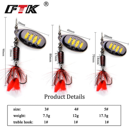 Isca de Pesca FTK Spinner Bait Colher 1pc Pena Isca para Água Salgada Acessórios Anzol Triplo Metal Isca Dura Wobblers Tackle