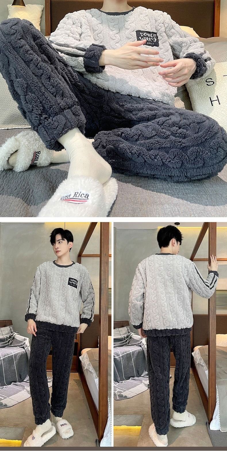 Thickened Warm Sleepwear for Winter Coral Velvet Autumn and Winter Men Flannel Loungewear Large Size 2 Piece Set Homewear