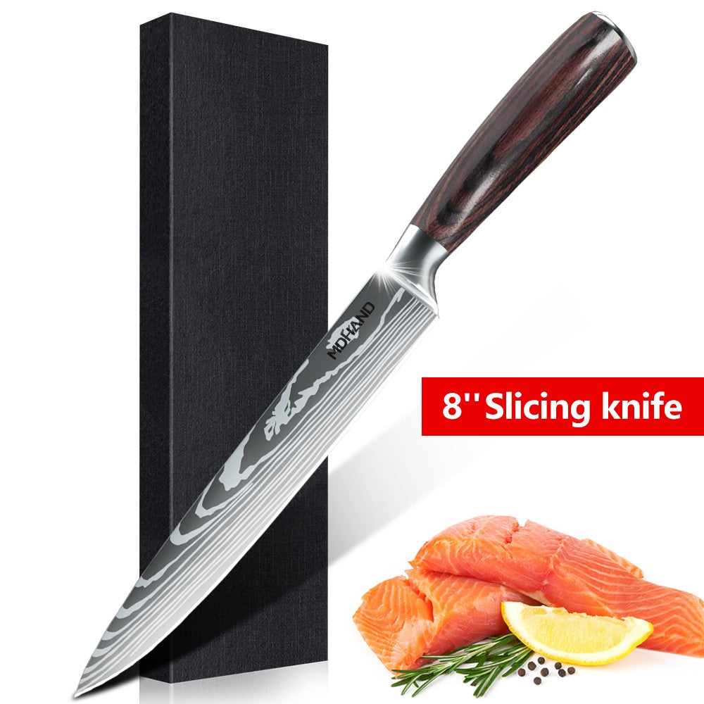 MDHAND Conjunto de Facas de Chef com Padrão de Damasco a Laser de 1 a 10 peças, Fatiador de Carne em Aço Inoxidável, Cutelo com Cabo de Madeira Antiderrapante, Coleção