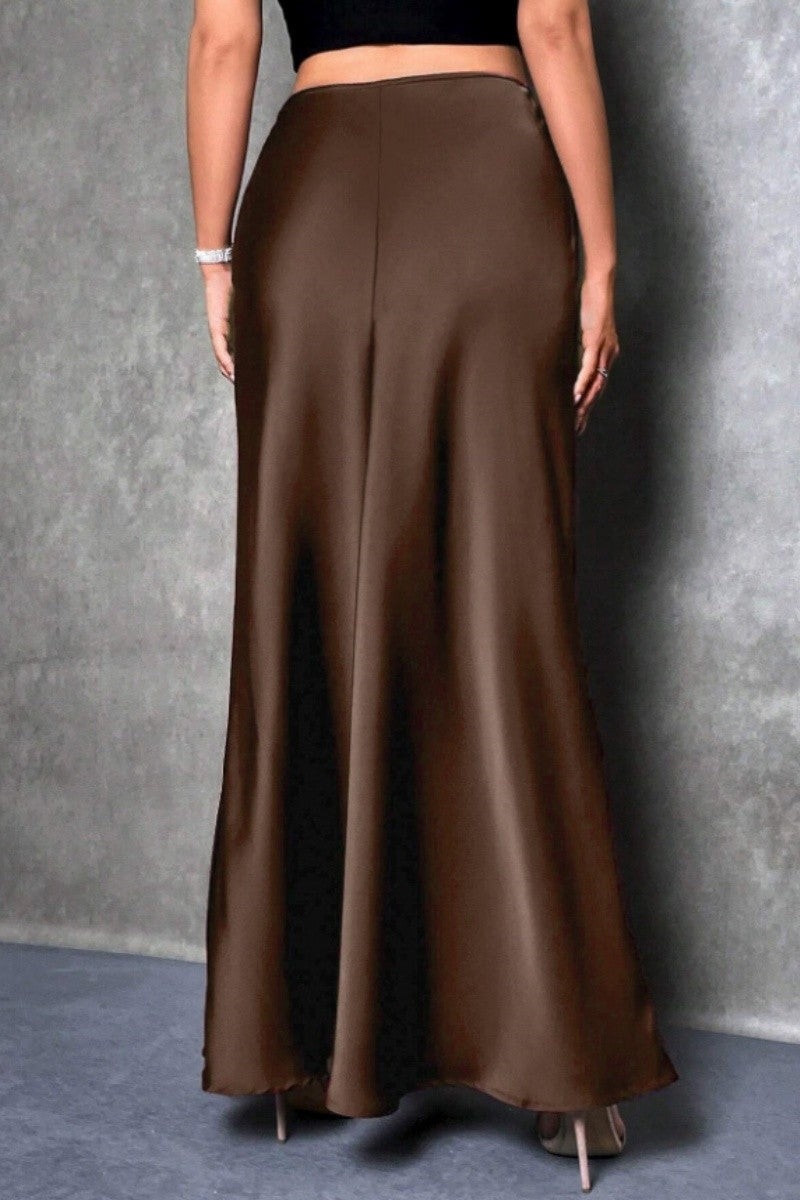 Elegant silk-like satin A-line midi skirt with high waist and mermaid tail for women in spring and summer