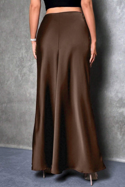 Elegant silk-like satin A-line midi skirt with high waist and mermaid tail for women in spring and summer