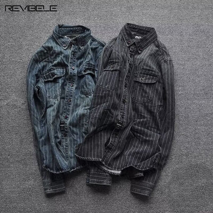 Amekaji Cargo Shirts Men's Vintage Vertical Stripe Denim Jackets Washed Distressed Pocket Trim Casual Coats Spring Autumn Shirts