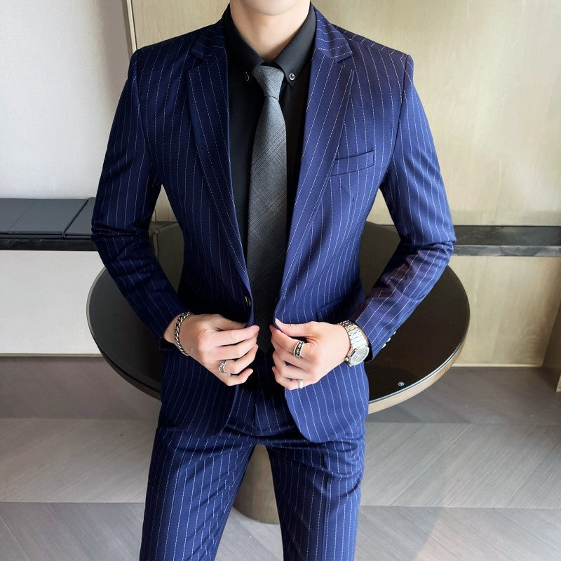 Men's Fashion High-Quality Slim Fit Two-Piece Suit Set Spring Autumn Stripes Business Casual Trousers And Jacket Combo