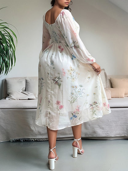 Sexy Semi-Transparent Square Neck Long Sleeve Plus Size Dress Elegant Flower Print Midi Dress On Sale Clearance Party Dresses