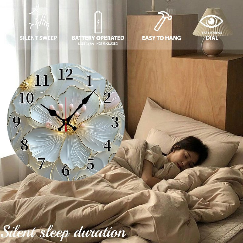 Golden & Pink Floral Wooden Round Silent Hanging Wall Clock, Suitable For Living Room,Office,Study Room, Bedroom,Home Decoration