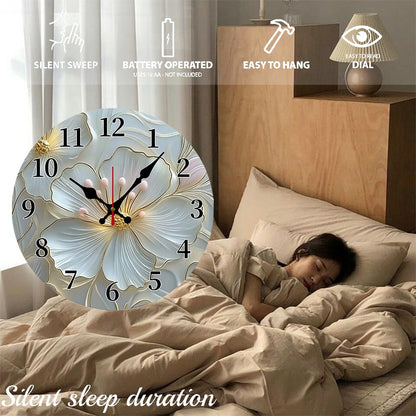 Golden & Pink Floral Wooden Round Silent Hanging Wall Clock, Suitable For Living Room,Office,Study Room, Bedroom,Home Decoration