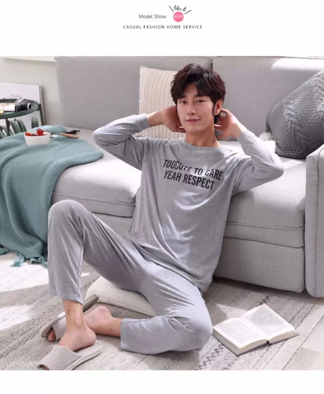 2Pcs/set men's pajamas set of large size long-sleeved long trousers autumn and winter students home clothing round neck autumn m