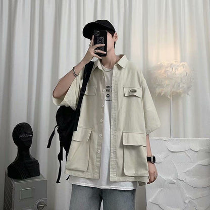 Shirts For Men With Pocket Cargo Man Shirt Loose Korean Style Casual Asia Cool Hipster Original Half Sleeve Fashion Collar I Xxl