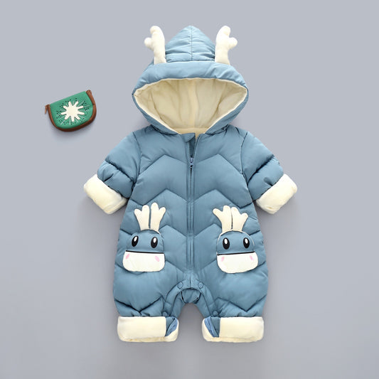 Demin-season Winter Kids Boys Rompers 2025 Cartoon Pockets Hooded Bodysuit For 0-3Y Newborn Infant Babys Boys One-piece Jumpsuit