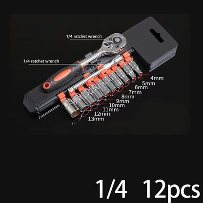 Conjunto de 12 peças de chaves de soquete e catraca, tamanhos 1/4, 3/8, 1/2, kit de ferramentas com haste de extensão e 10 conjuntos de reparos comuns