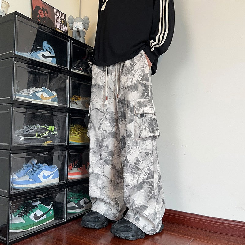 Mens Casual Pants Straight Leg Loose Fit Tactical Cargo Joggers Wide Leg Tie Dye Trousers Trendy Fashion Side Pocket pants man
