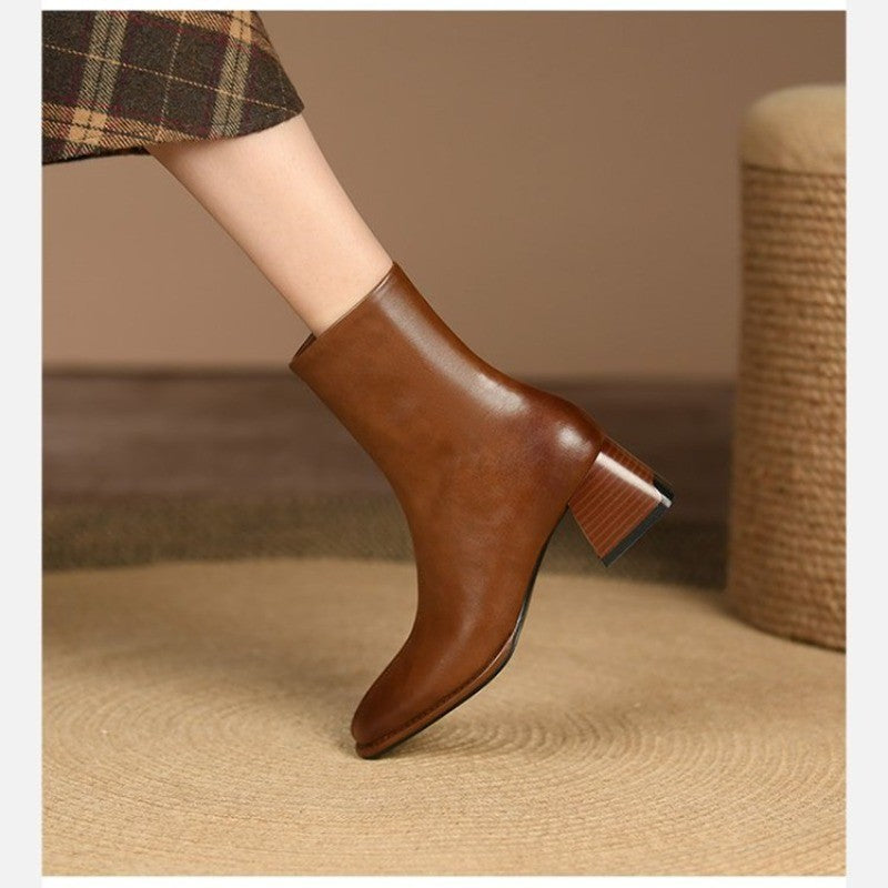 2025 Ankle Boots for Women Leather Square Toe Side Zipper Retro Style Chunky Heels Women Boots Fashion Short Boots Women  D263