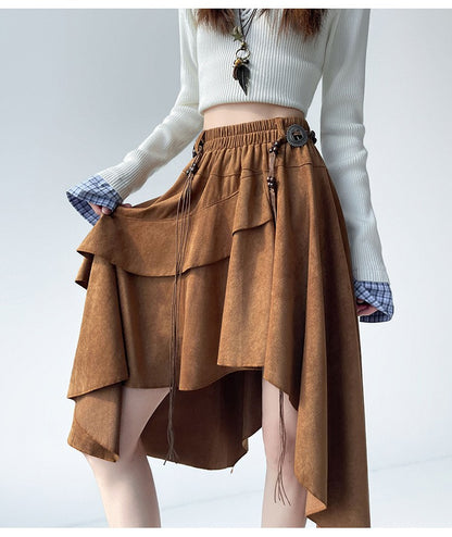 Caramel Suede Half-length Skirt Women's Autumn Winter New Irregular Belt Slim A- Line Midi Umbrella Skirt Comfortable Casual S .