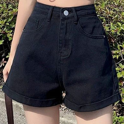 Summer 2024 New Women Rolled Edge Hot Denim Shorts Lady Korean Mini Pants Girls Elastic Blue Black Black Gray A Line Short Jeans