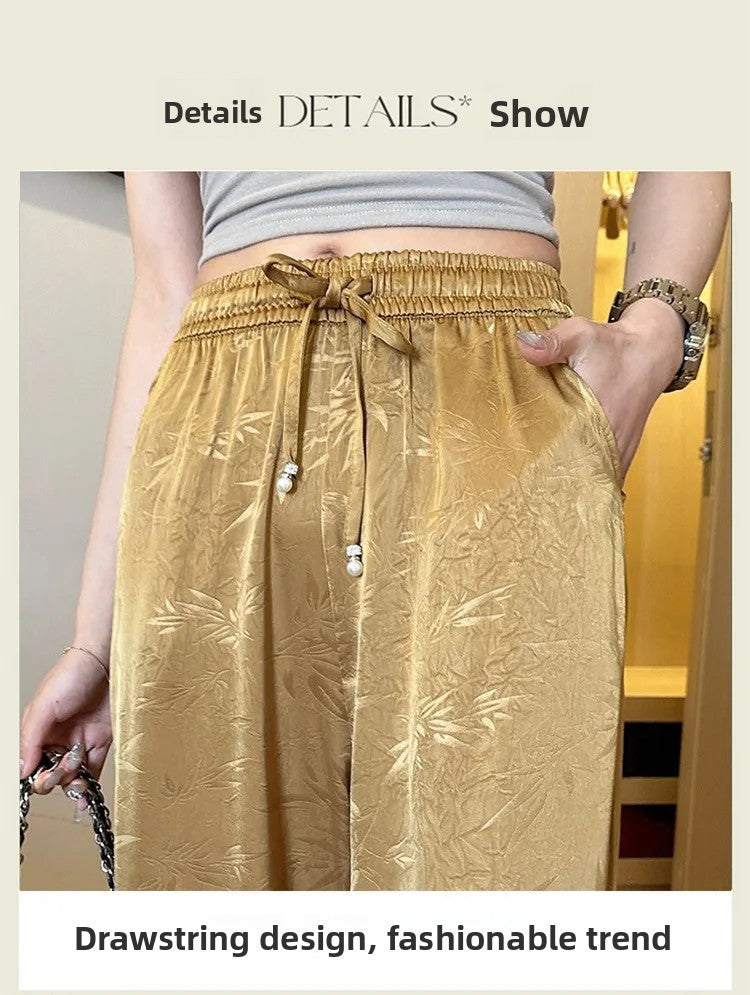 Plus Size Acetate Wide Leg Pants Women's Spring Autumn National Style Print High Waist Slimming Drapey Cool Large Size Women'...