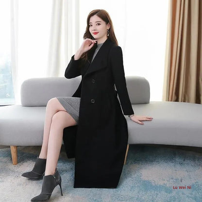 Plus Size Women's Overcoat Long Thickened Woolen Coat Long Collar Slim Fit Waist Cinched Outerwear Spring Autumn New Style Ho...