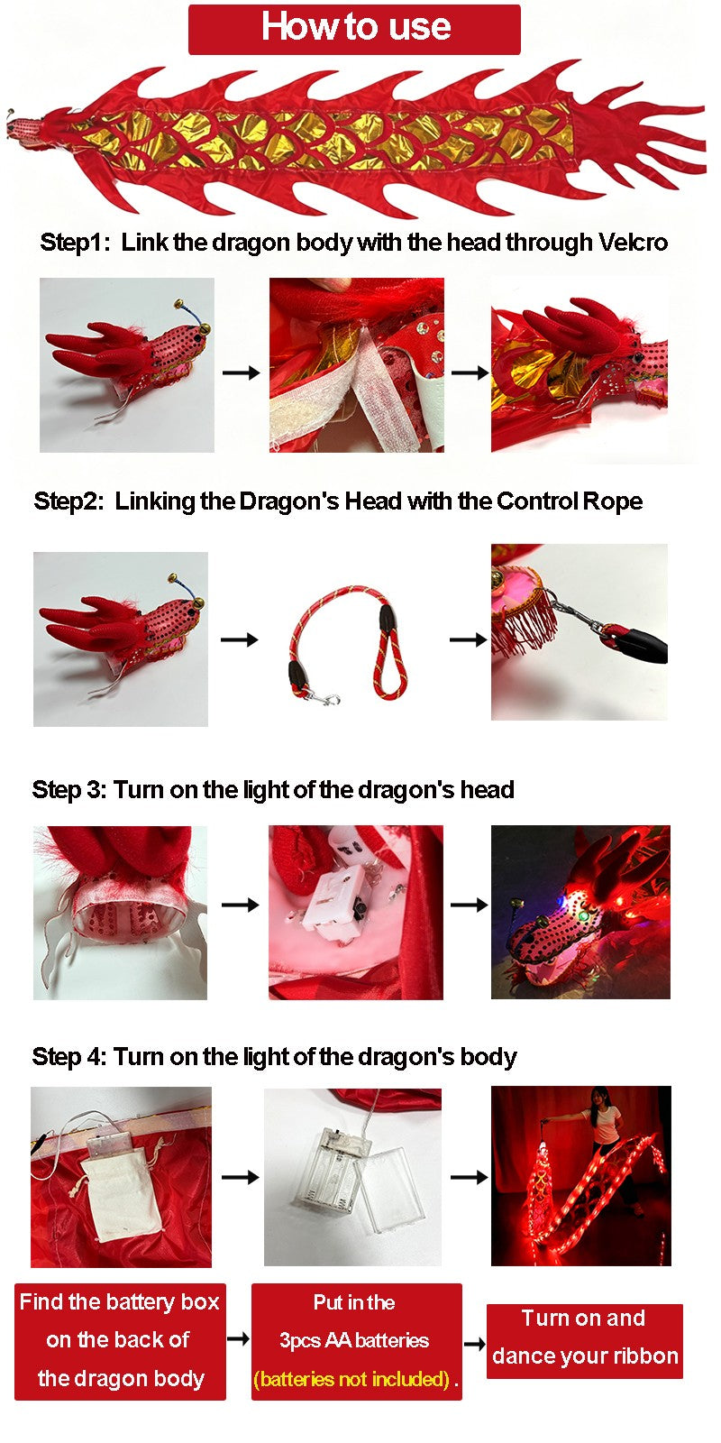 3Meters LED Glowing Dragon Poi With Dragon Head Chinese Dragon Dance Outdoor Fitness Juggling LED Dragon Stream Props