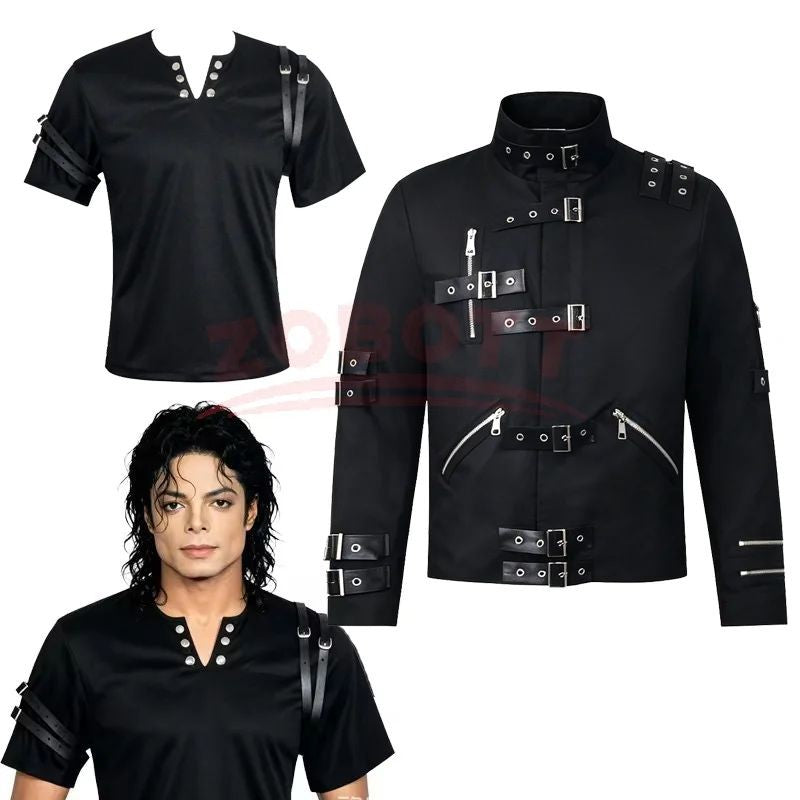 Michael Jackson cosplay Costume BAD Punk Jacket Black Slim BAD Jacket Costume T-shirt Belt Clothing Adore Stars Impersonator